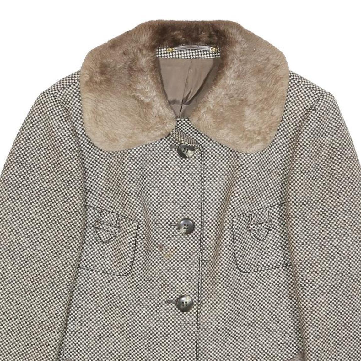 Womens Beige & Brown Wool Button Collar Jacket S Woven Tweed Classic Winter Wear