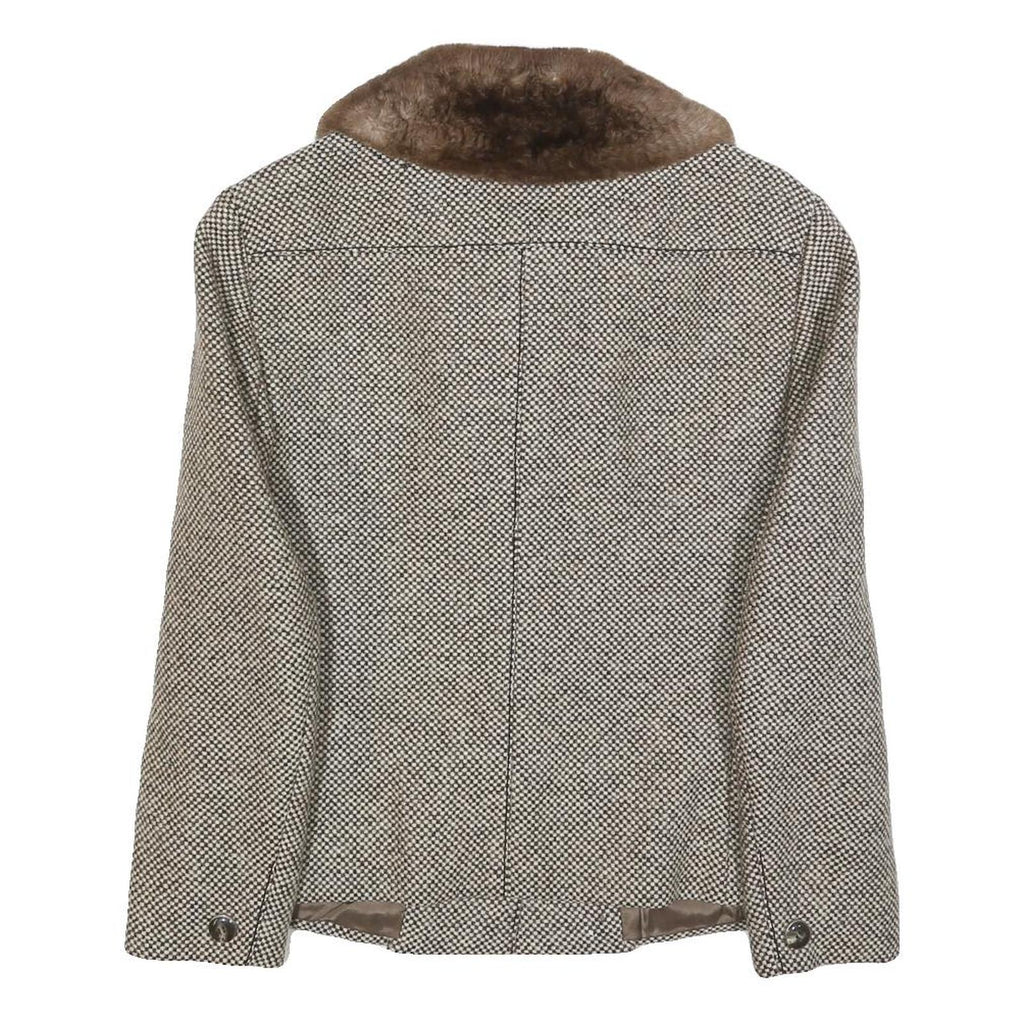 Womens Beige & Brown Wool Button Collar Jacket S Woven Tweed Classic Winter Wear