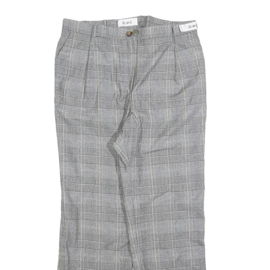 DELMOD Womens Wool Blend Grey Check Regular Straight Trousers W34 L28 Classic