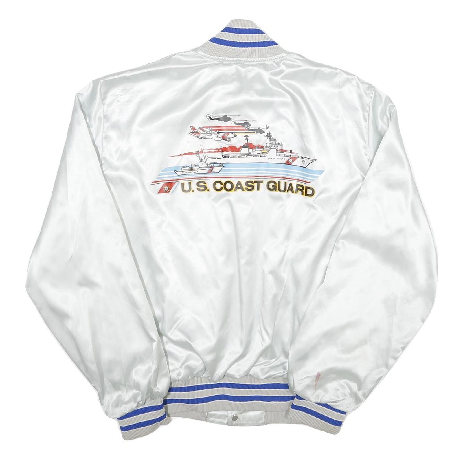 BIRDIE Mens White Satin Button Nylon Varsity Jacket L U S Coast Guard