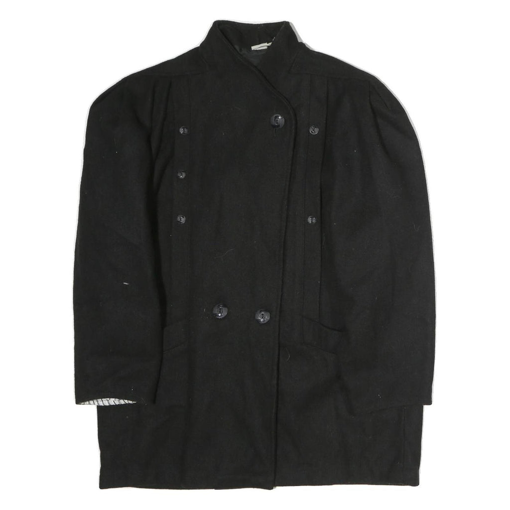 Womens Black Wool Double Breasted Button Jacket L Plain Classic Fit Winter