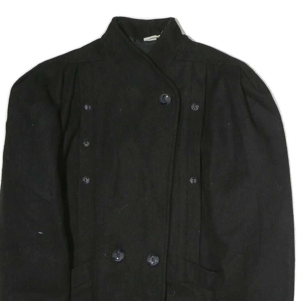 Womens Black Wool Double Breasted Button Jacket L Plain Classic Fit Winter