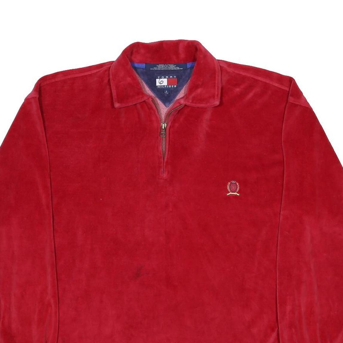 TOMMY HILFIGER Mens Red Plain Pullover Jumper Crew Neck Basic Knit S Cotton