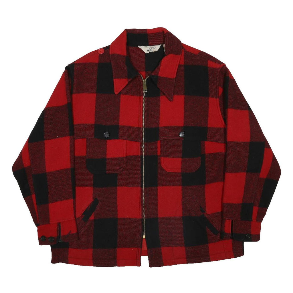 WOOLRICH 1970s Mens Red & Black Check Buffalo Plaid Zip Jacket XL Wool Coat