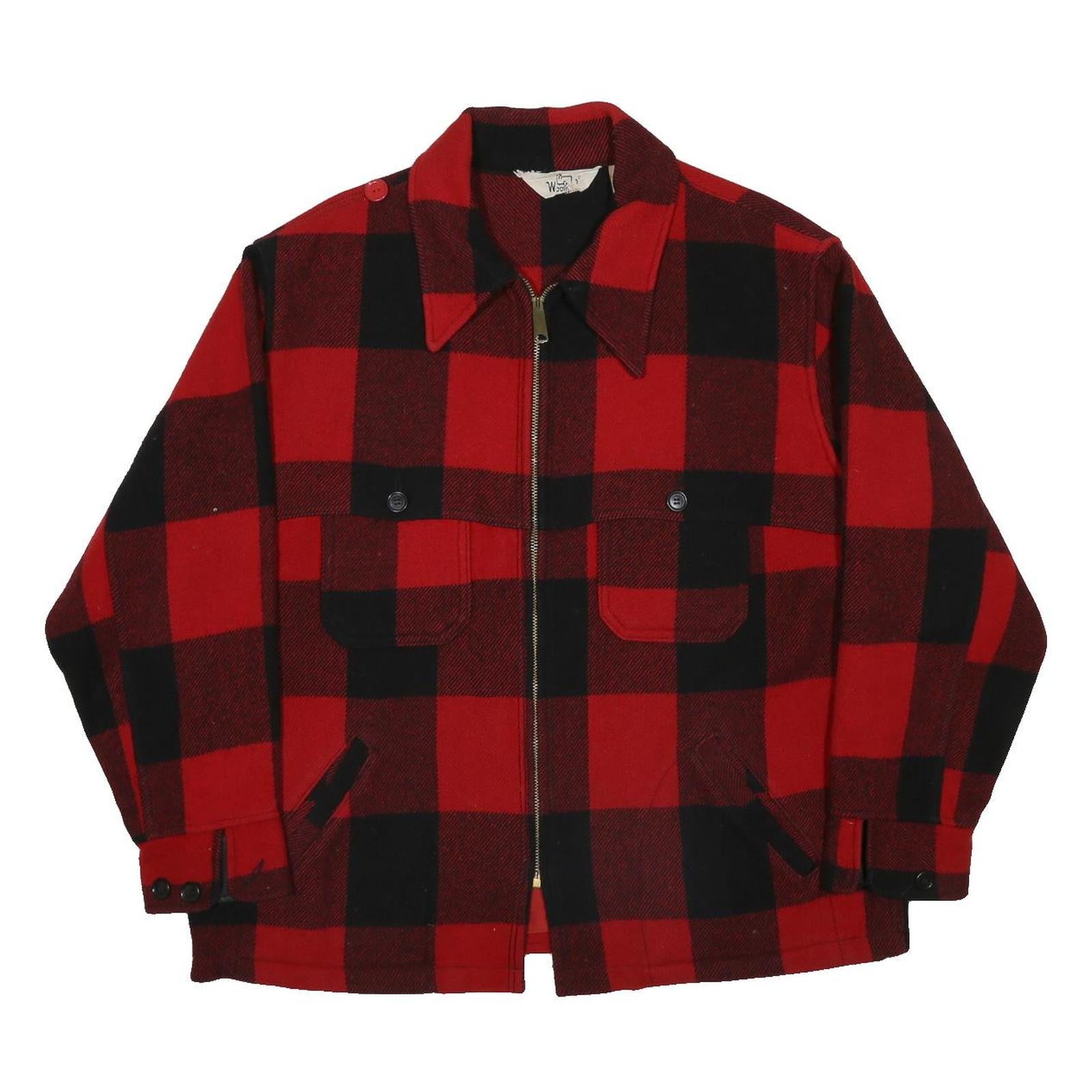 WOOLRICH 1970s Mens Red & Black Check Buffalo Plaid Zip Jacket XL Wool Coat