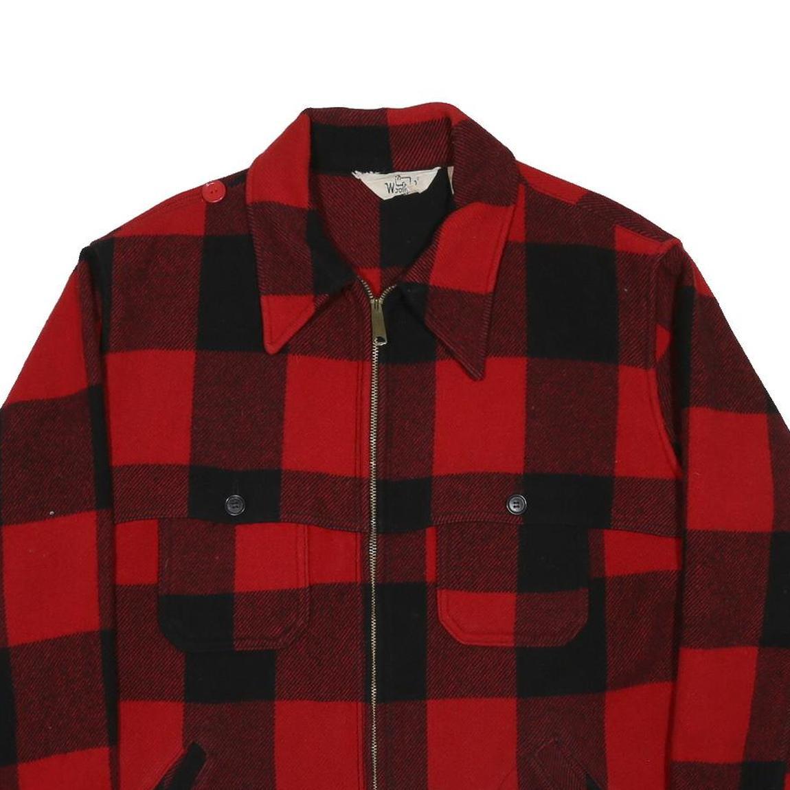 WOOLRICH 1970s Mens Red & Black Check Buffalo Plaid Zip Jacket XL Wool Coat