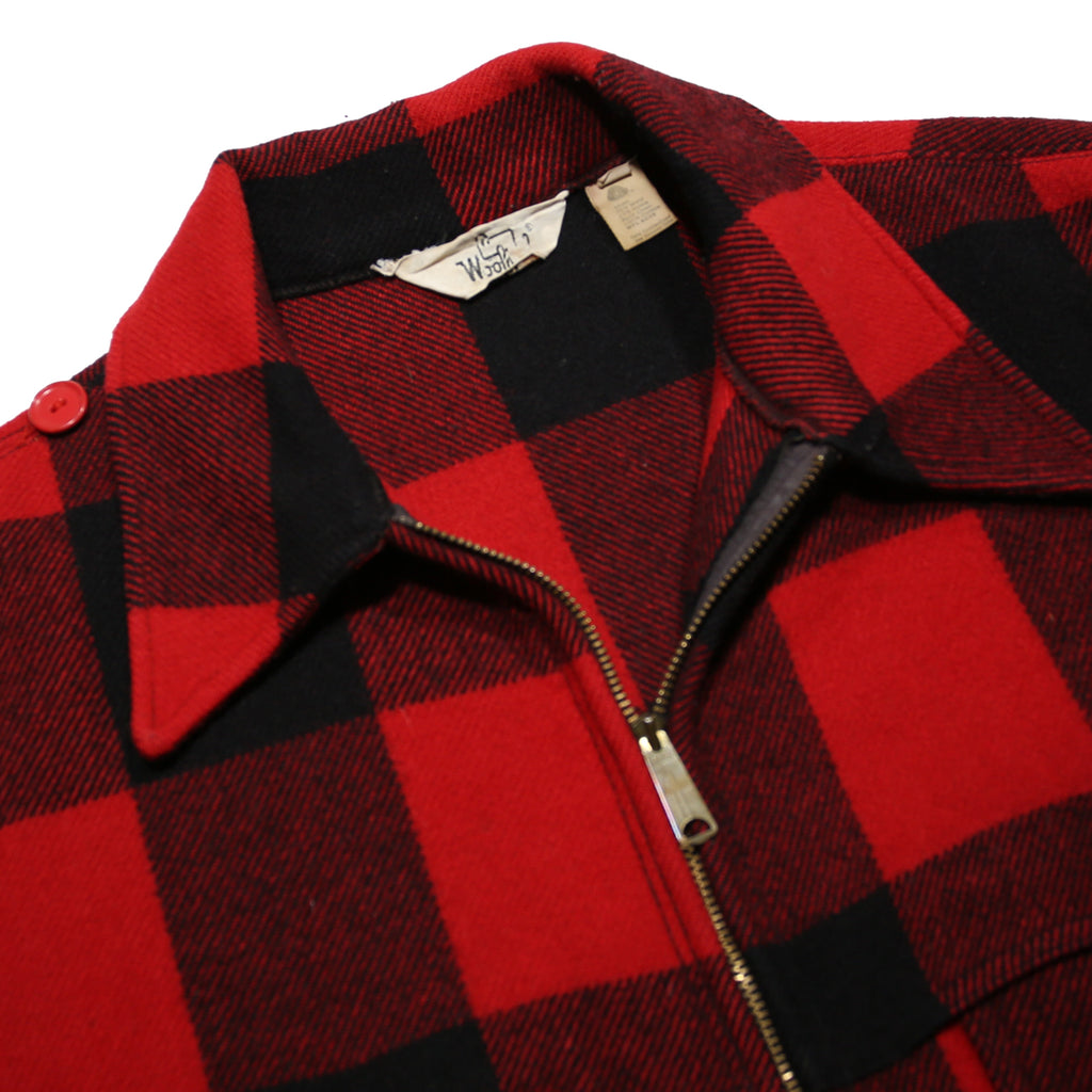 WOOLRICH 1970s Mens Red & Black Check Buffalo Plaid Zip Jacket XL Wool Coat
