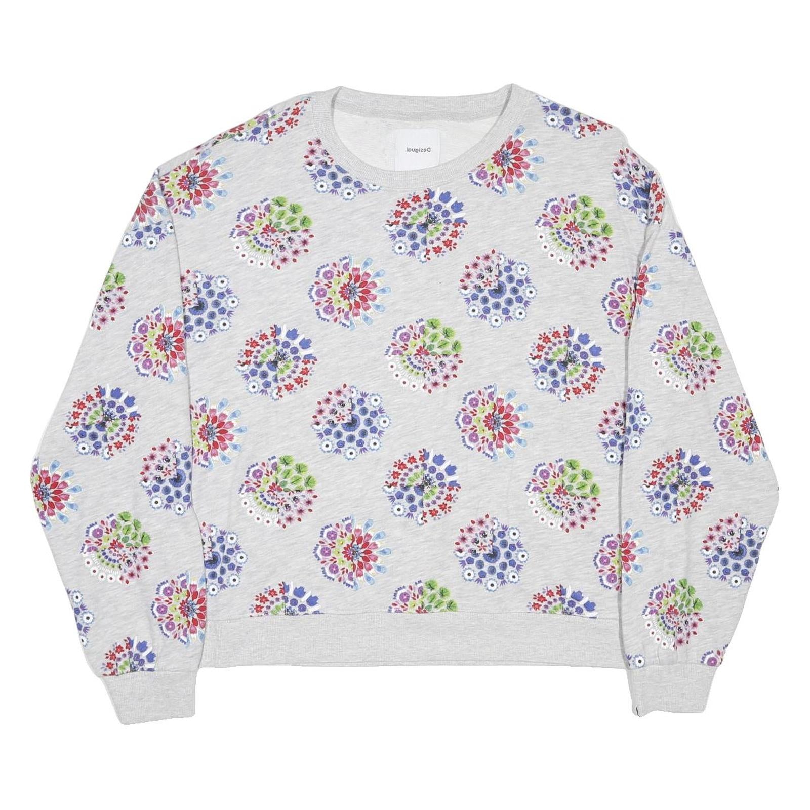 DESIGUAL Womens Grey Floral Print Crew Neck L Cotton Blend Sweatshirt
