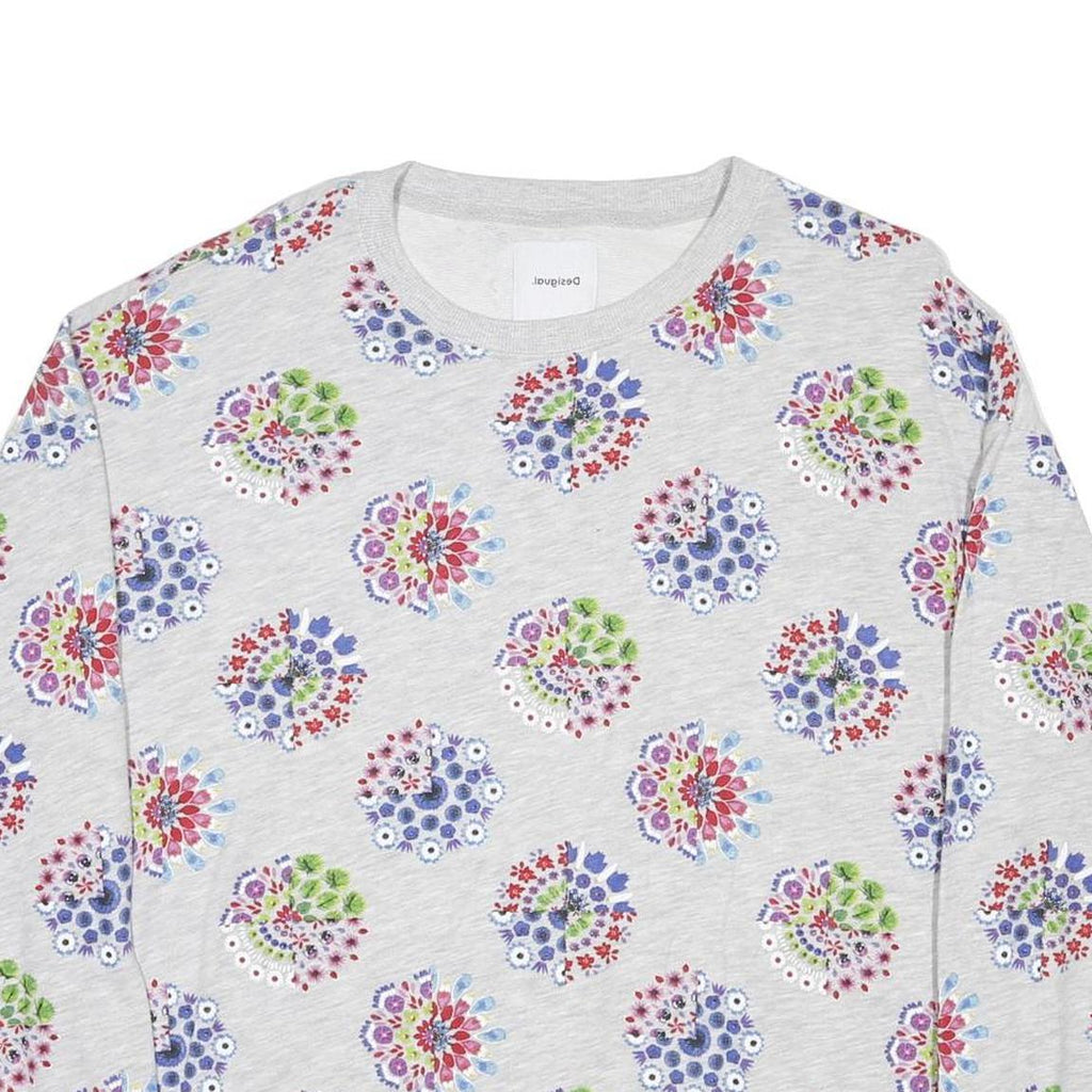 DESIGUAL Womens Grey Floral Print Crew Neck L Cotton Blend Sweatshirt