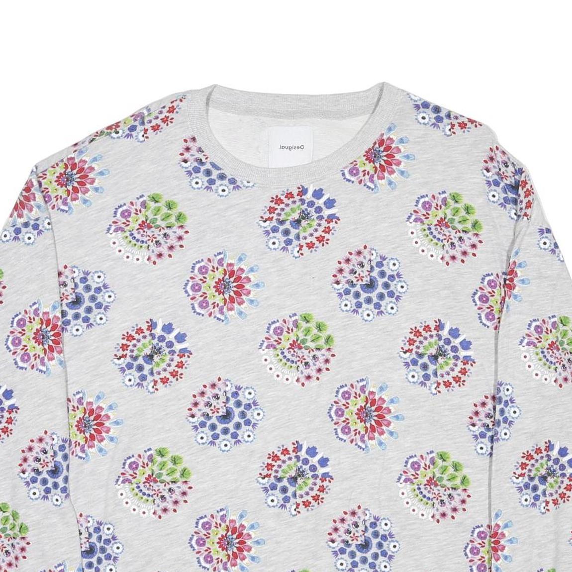 DESIGUAL Womens Grey Floral Print Crew Neck L Cotton Blend Sweatshirt