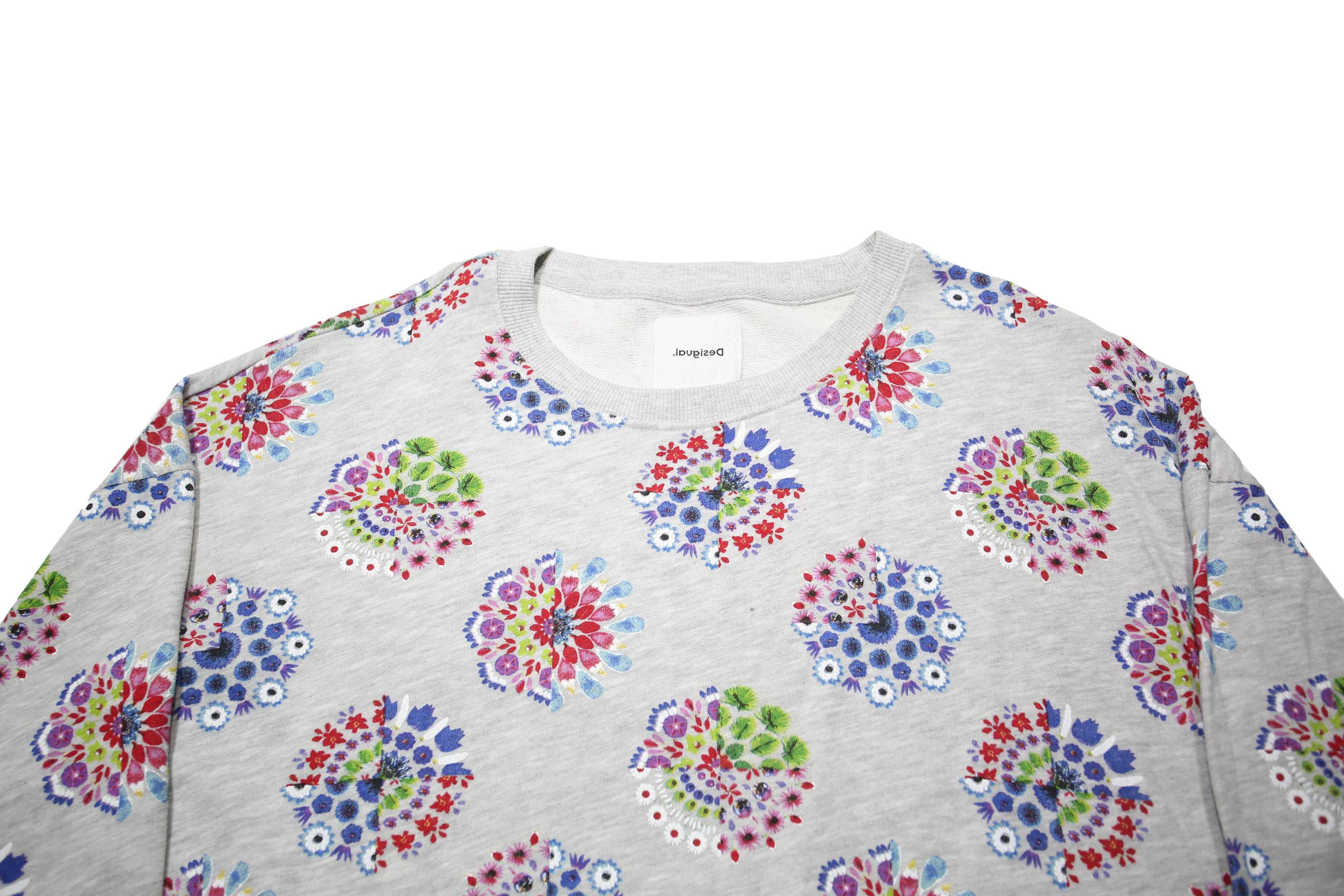DESIGUAL Womens Grey Floral Print Crew Neck L Cotton Blend Sweatshirt