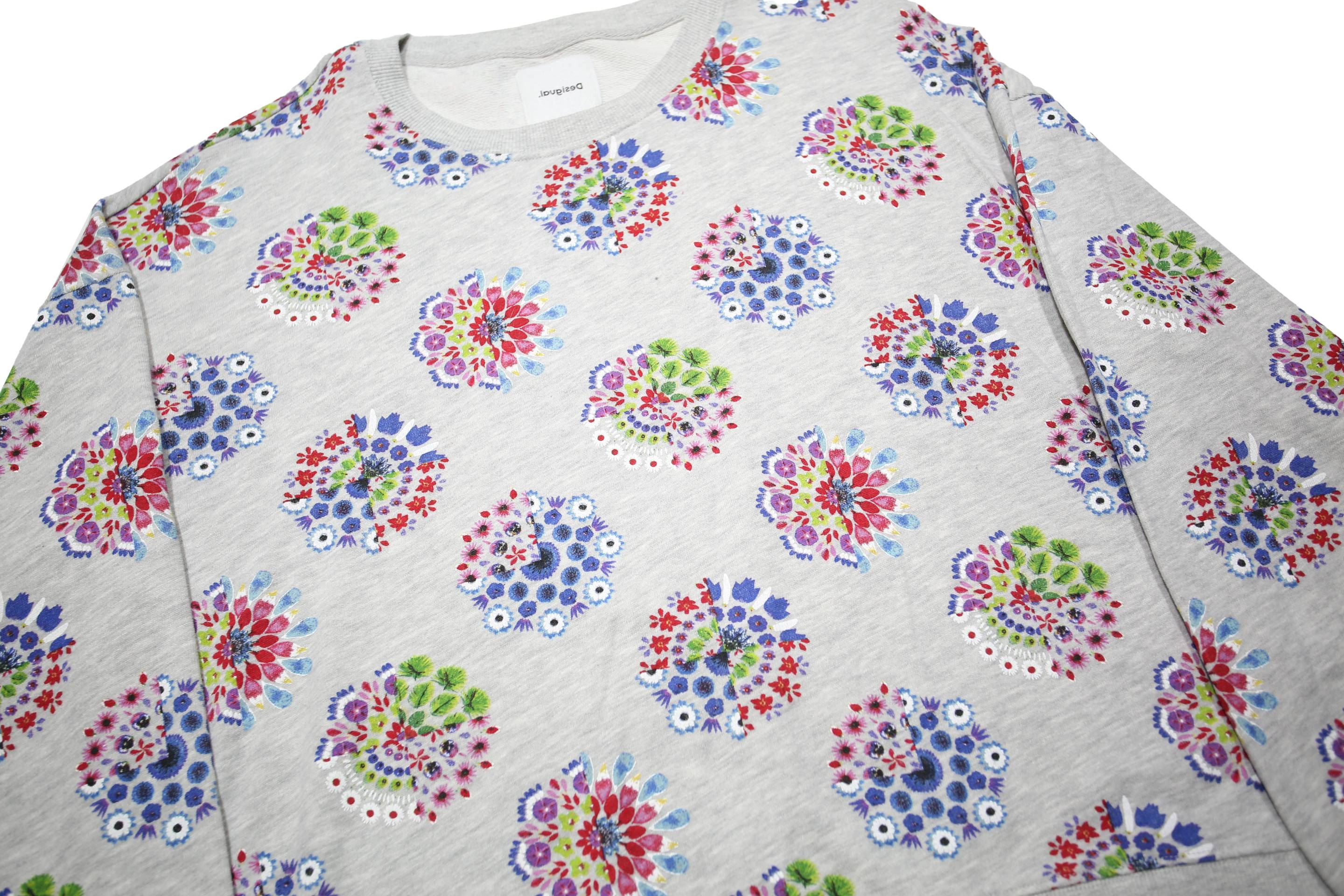 DESIGUAL Womens Grey Floral Print Crew Neck L Cotton Blend Sweatshirt