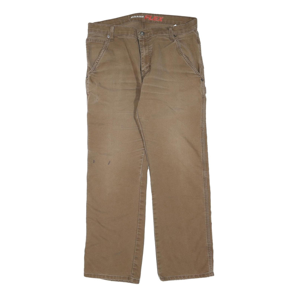 DICKIES Mens Regular Fit Straight Cotton Blend Brown Zip W34 L30 Workwear Jeans
