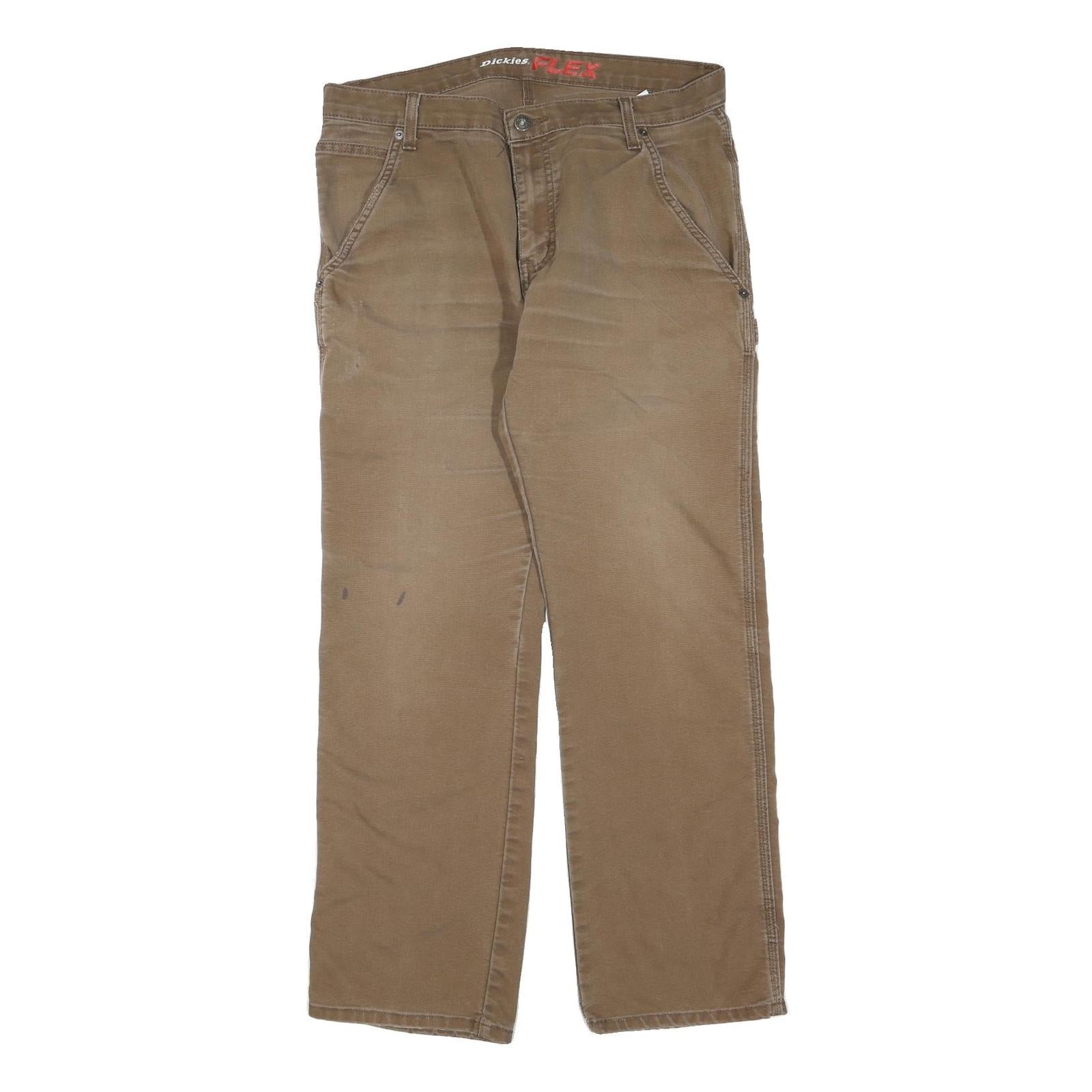 DICKIES Mens Regular Fit Straight Cotton Blend Brown Zip W34 L30 Workwear Jeans