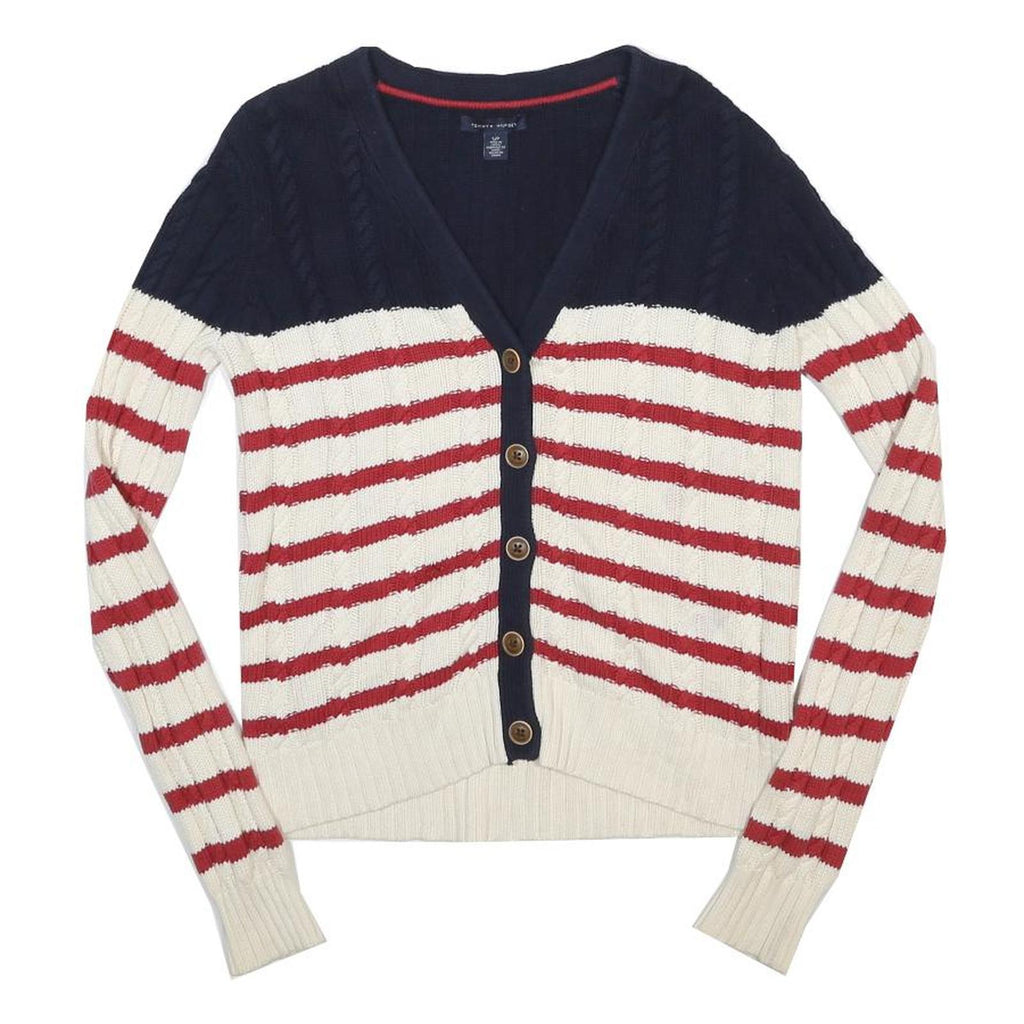 TOMMY HILFIGER Womens Navy & Cream Red Striped Pattern Button Up Cotton Jumper S