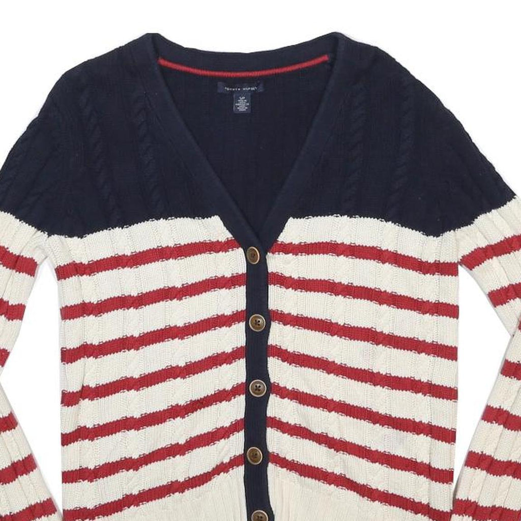 TOMMY HILFIGER Womens Navy & Cream Red Striped Pattern Button Up Cotton Jumper S