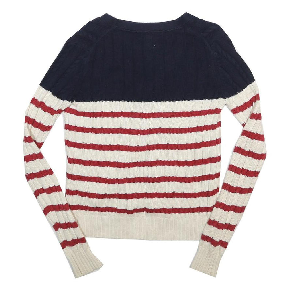 TOMMY HILFIGER Womens Navy & Cream Red Striped Pattern Button Up Cotton Jumper S