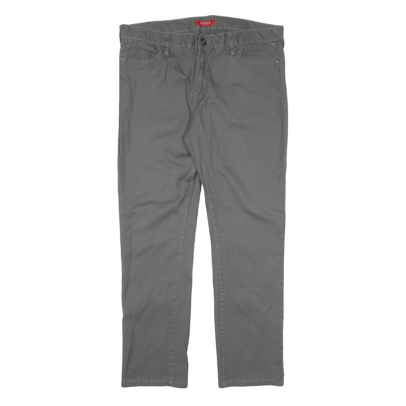 GUESS Mens Cotton Blend Grey Slim Straight Trousers W36 L30 Casual Smart Zip