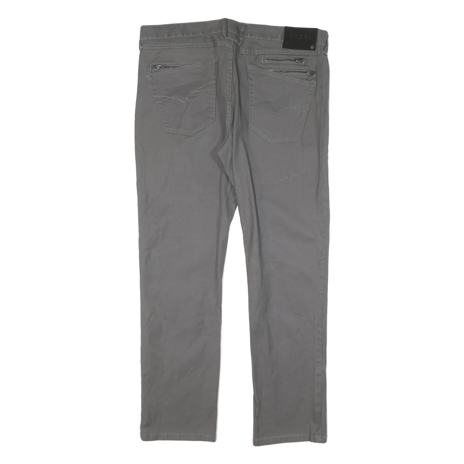 GUESS Mens Cotton Blend Grey Slim Straight Trousers W36 L30 Casual Smart Zip