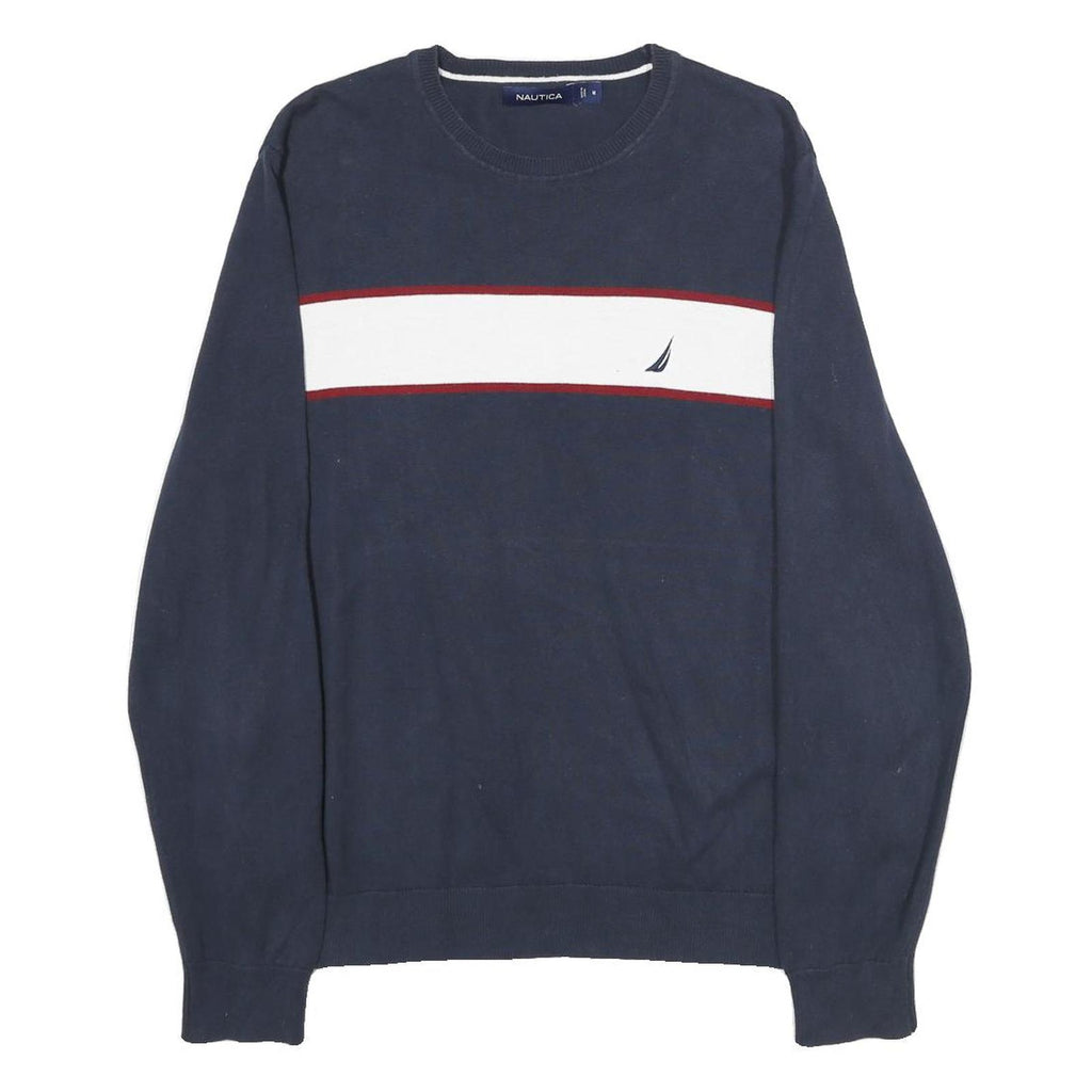 NAUTICA Mens Navy Blue & White Plain Crew Neck Basic Knit Jumper M Cotton