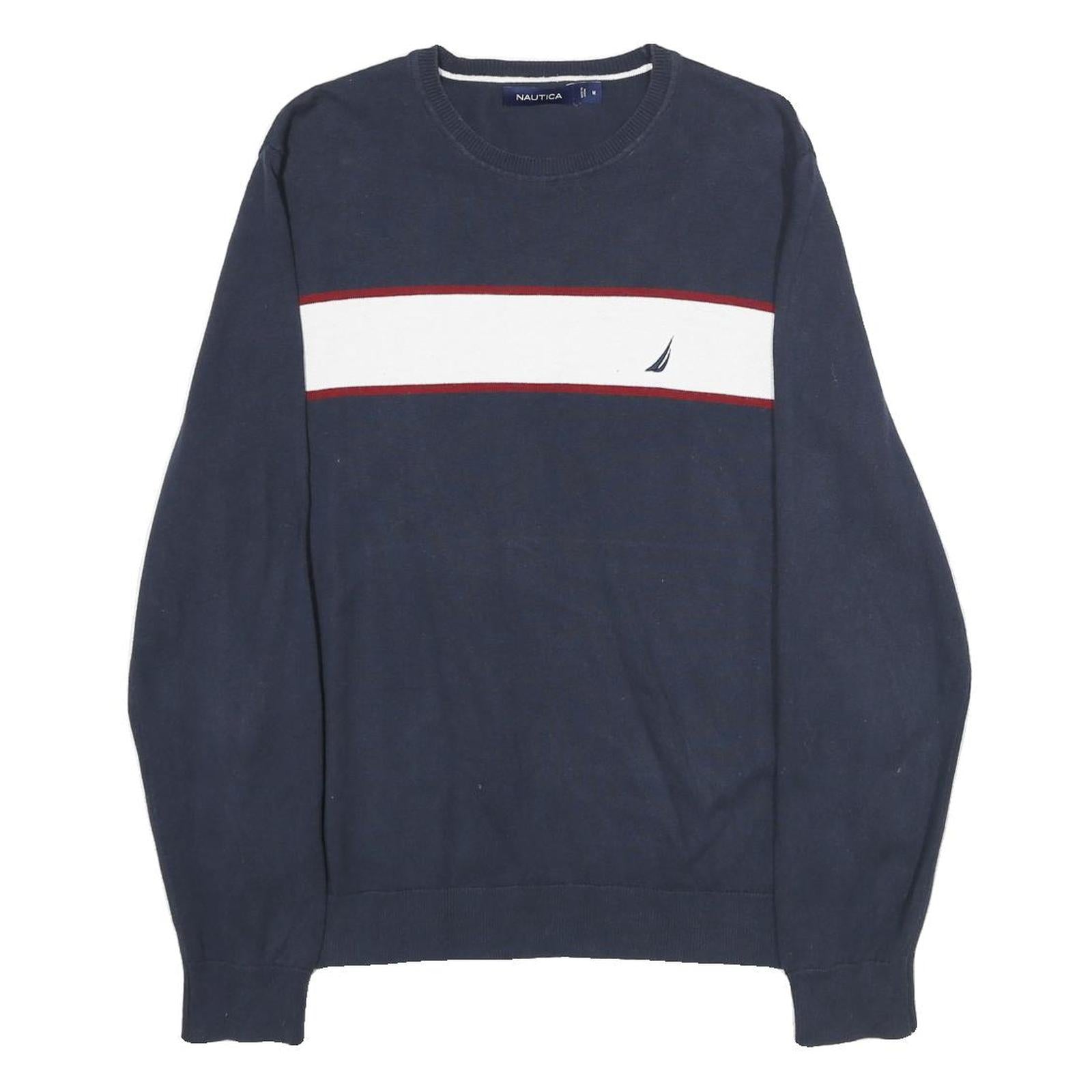 NAUTICA Mens Navy Blue & White Plain Crew Neck Basic Knit Jumper M Cotton