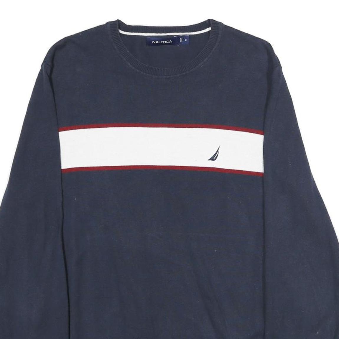 NAUTICA Mens Navy Blue & White Plain Crew Neck Basic Knit Jumper M Cotton