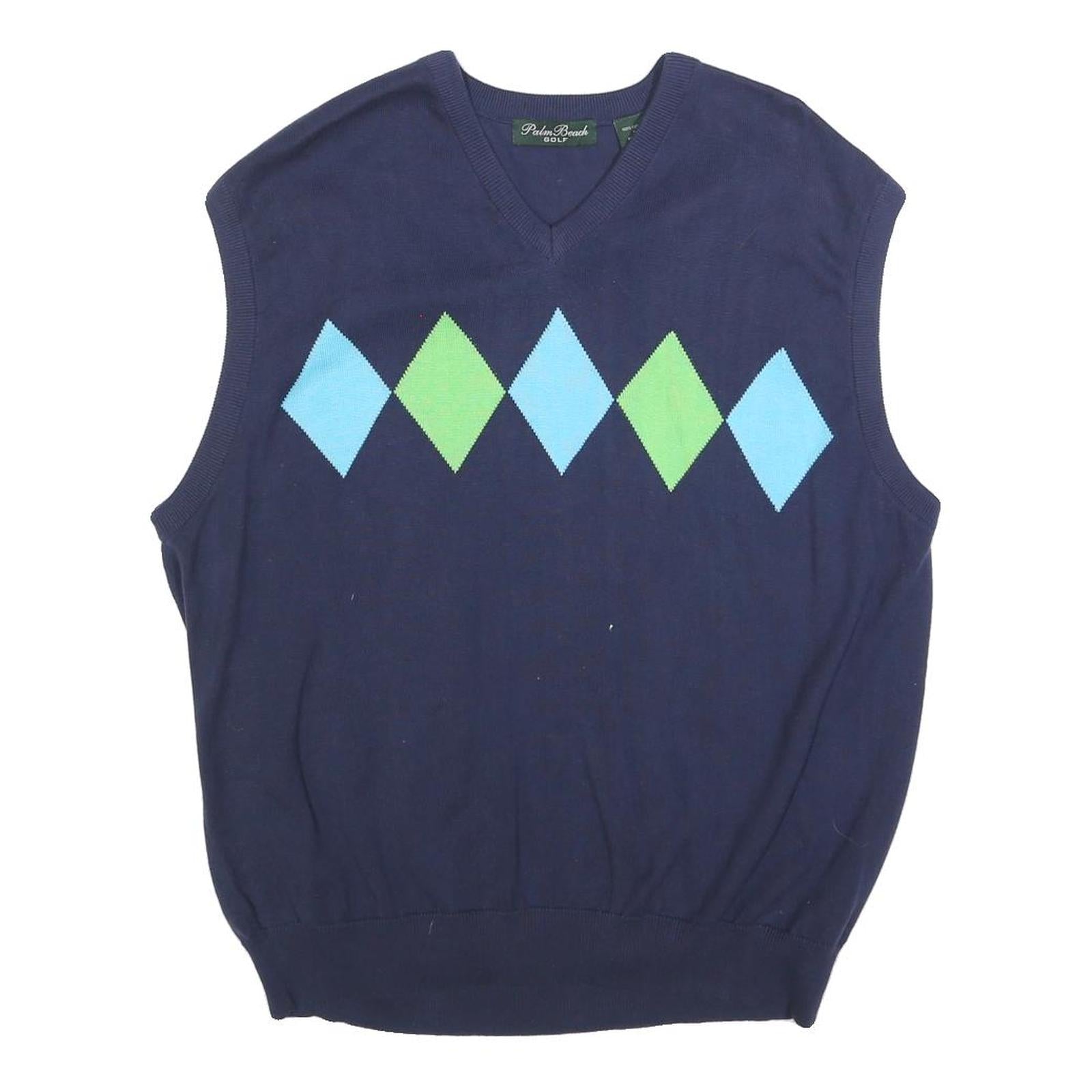 PALM BEACH Mens Navy Blue & Green Patterned Cotton Sleeveless V-Neck Jumper L