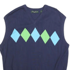 PALM BEACH Mens Navy Blue & Green Patterned Cotton Sleeveless V-Neck Jumper L