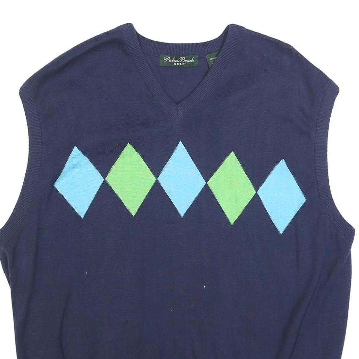 PALM BEACH Mens Navy Blue & Green Patterned Cotton Sleeveless V-Neck Jumper L