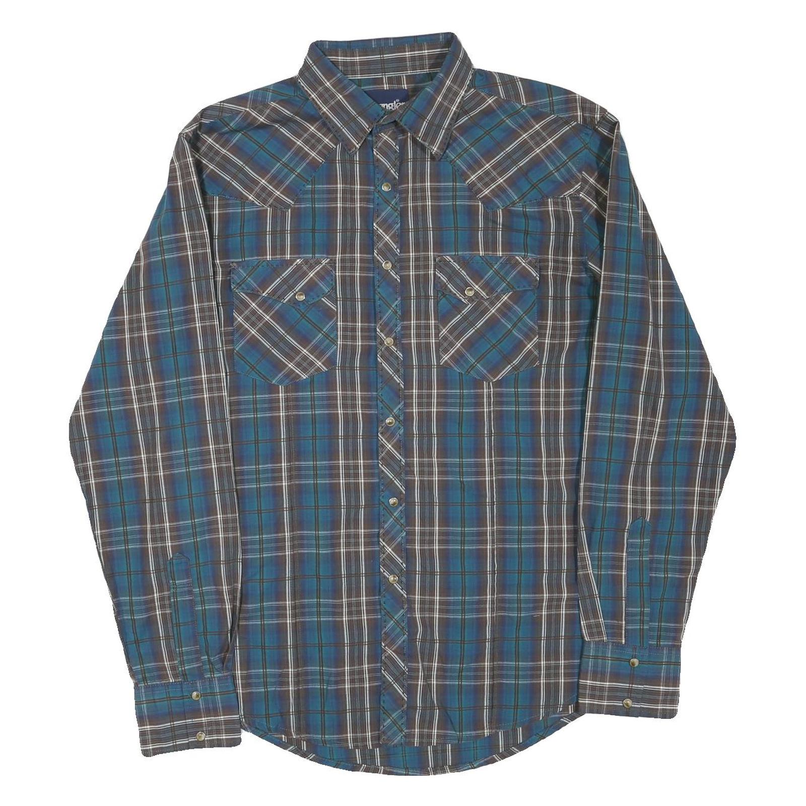 WRANGLER Mens Blue Brown Check Shirt L Long Sleeve Cotton Blend Western Style
