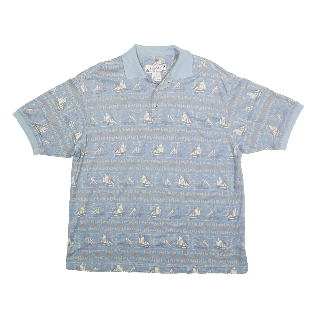 SUMMA Mens Blue Boat Print Short Sleeve Polo Shirt M Cotton Blend Casual Summer