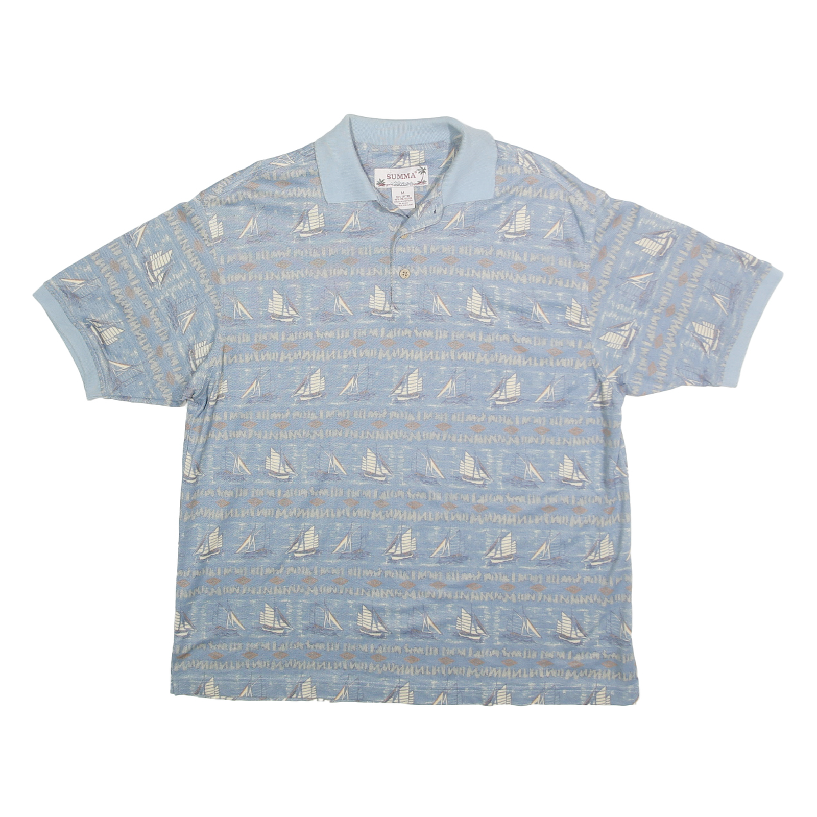 SUMMA Mens Blue Boat Print Short Sleeve Polo Shirt M Cotton Blend Casual Summer