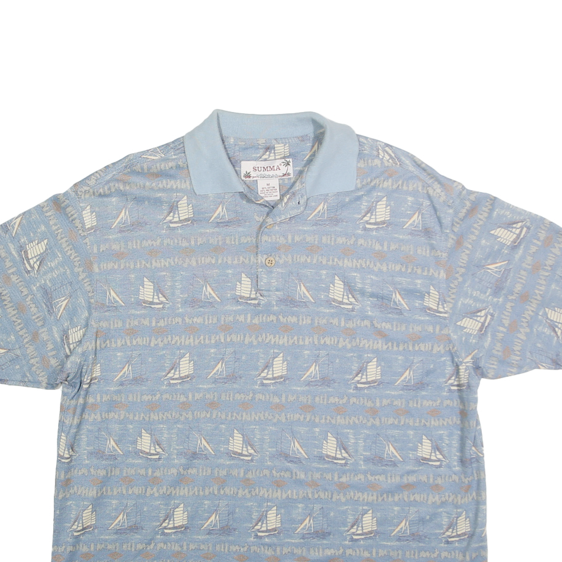 SUMMA Mens Blue Boat Print Short Sleeve Polo Shirt M Cotton Blend Casual Summer