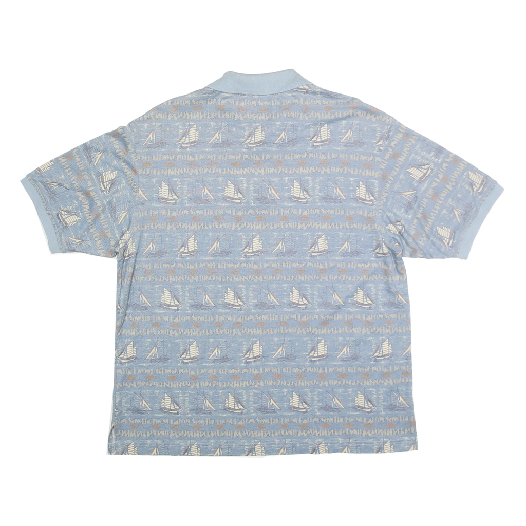 SUMMA Mens Blue Boat Print Short Sleeve Polo Shirt M Cotton Blend Casual Summer
