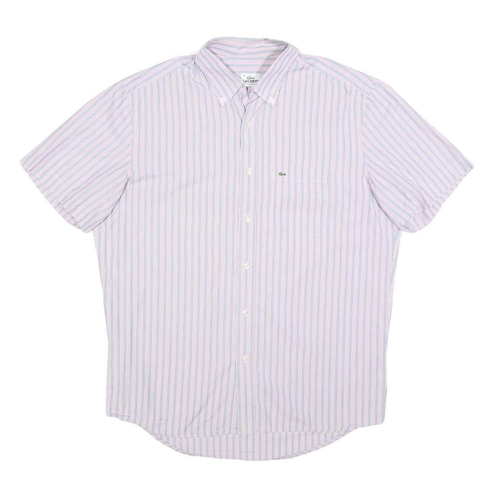 LACOSTE Mens Blue & Pink Stripe Shirt L Button-Down Collar Short Sleeve Cotton
