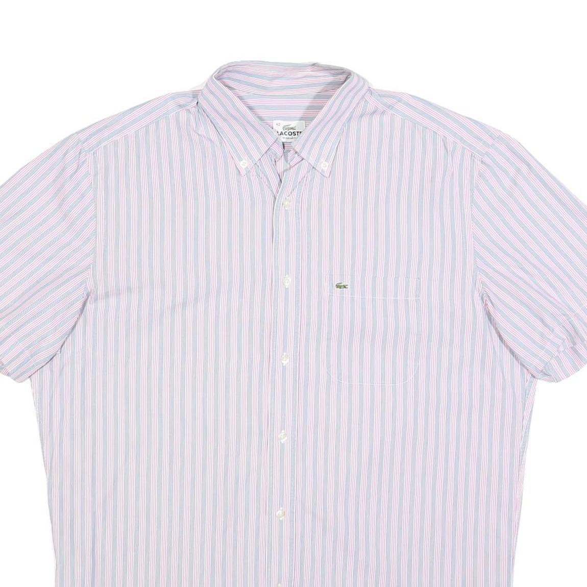 LACOSTE Mens Blue & Pink Stripe Shirt L Button-Down Collar Short Sleeve Cotton