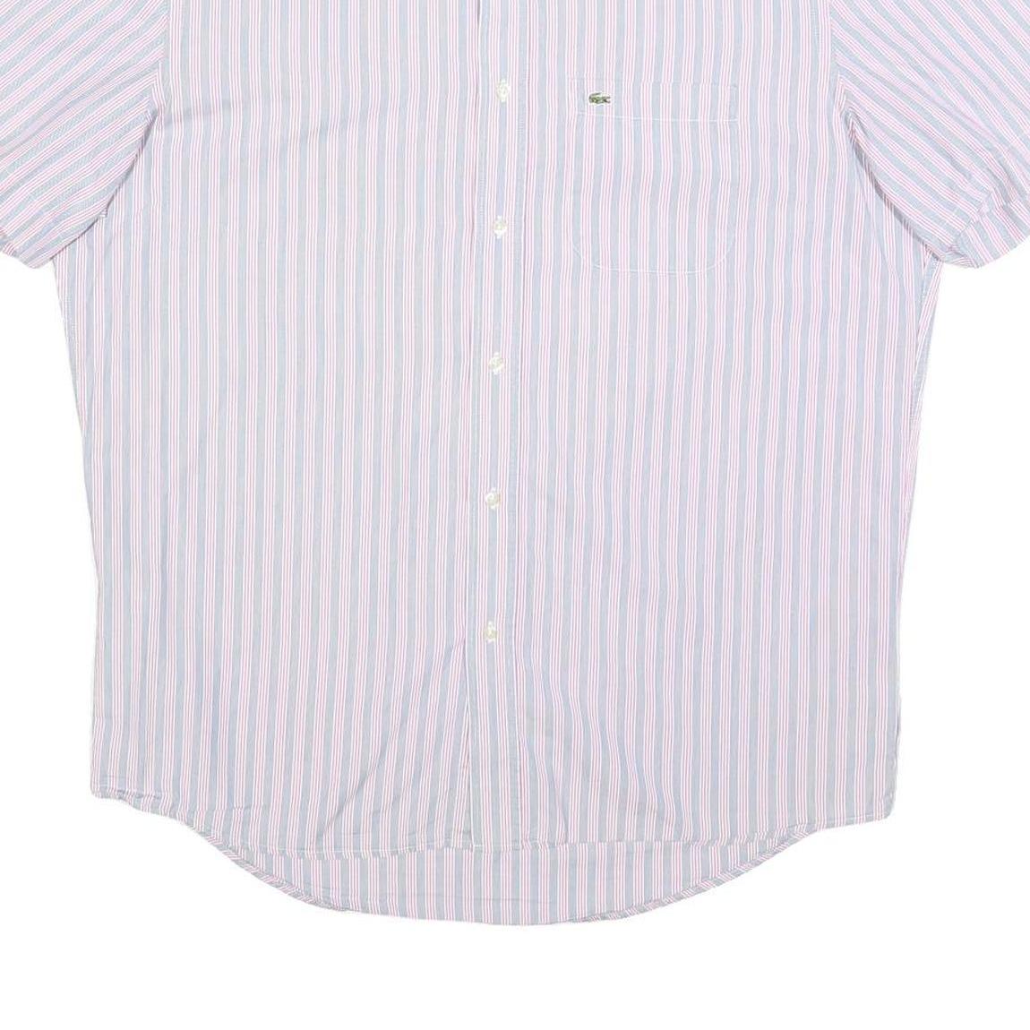 LACOSTE Mens Blue & Pink Stripe Shirt L Button-Down Collar Short Sleeve Cotton