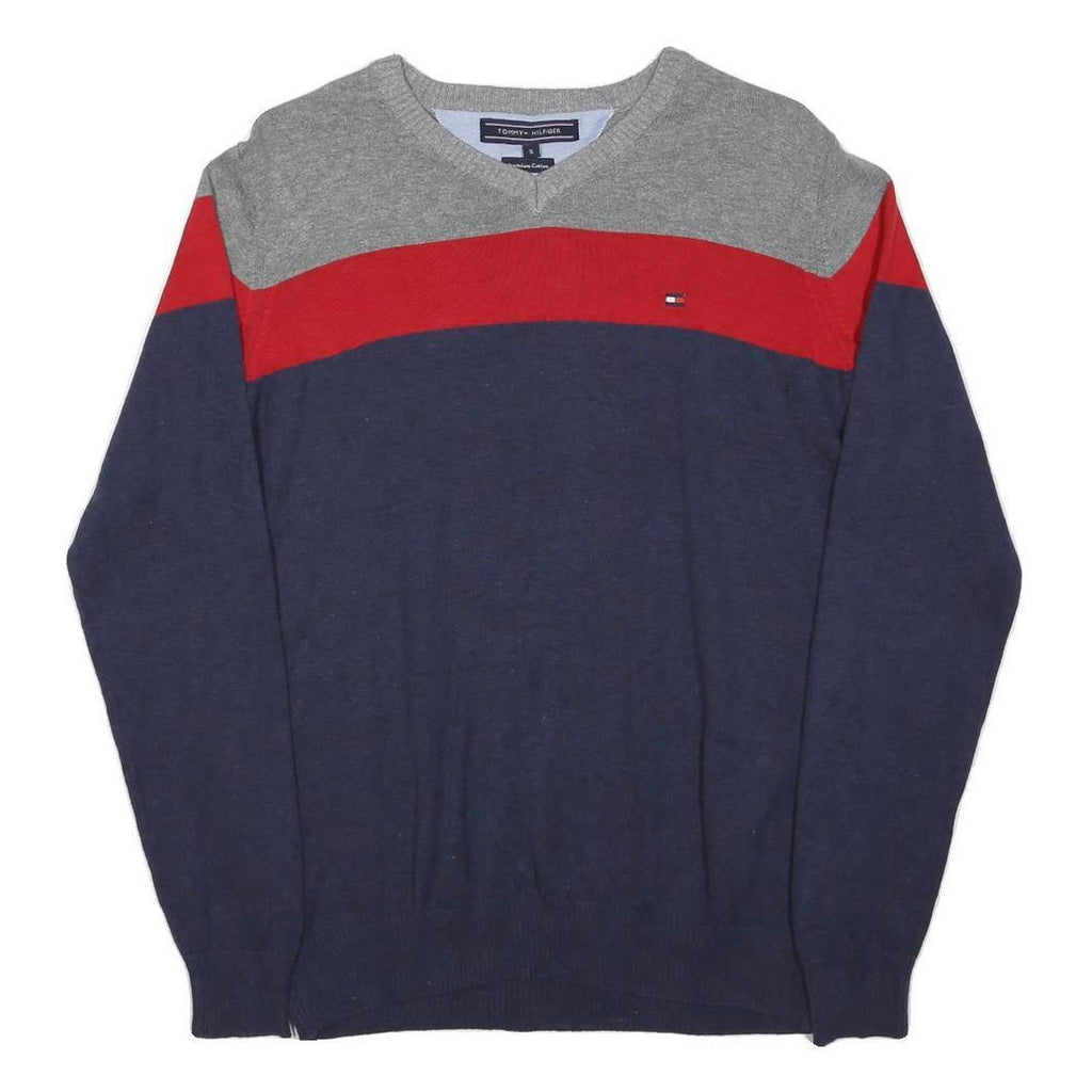 TOMMY HILFIGER Mens Grey & Red & Navy Patterned Cotton Jumper V-Neck Basic Knit