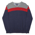 TOMMY HILFIGER Mens Grey & Red & Navy Patterned Cotton Jumper V-Neck Basic Knit