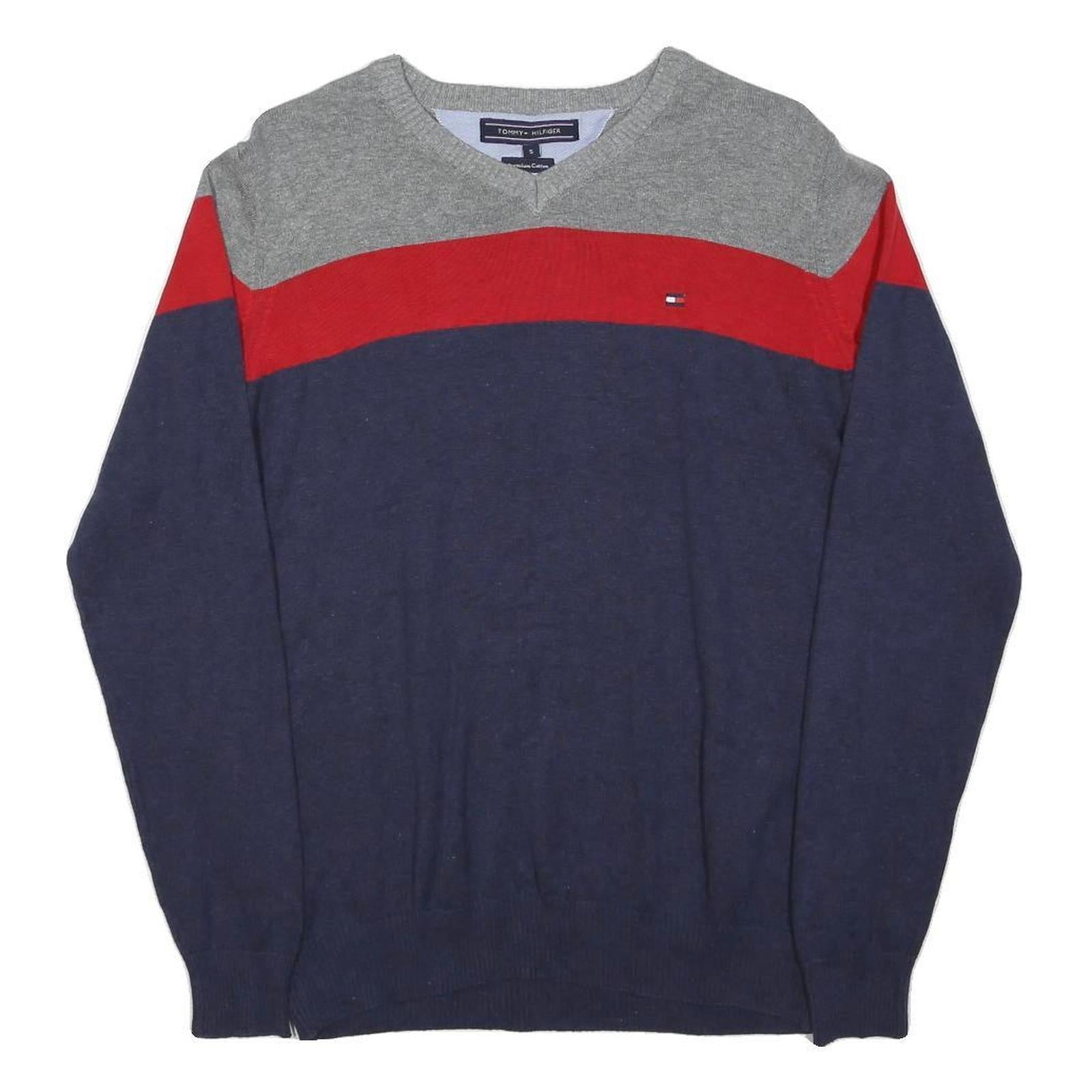 TOMMY HILFIGER Mens Grey & Red & Navy Patterned Cotton Jumper V-Neck Basic Knit
