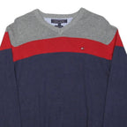 TOMMY HILFIGER Mens Grey & Red & Navy Patterned Cotton Jumper V-Neck Basic Knit
