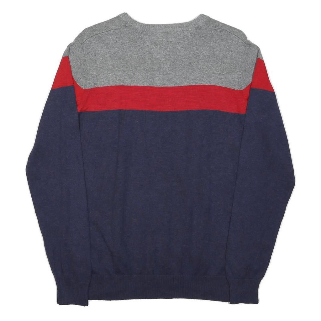 TOMMY HILFIGER Mens Grey & Red & Navy Patterned Cotton Jumper V-Neck Basic Knit