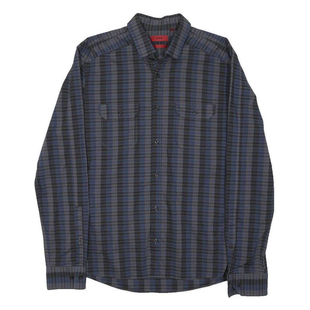 HUGO BOSS Mens Blue & Grey Check Shirt M Cotton Blend Long Sleeve Casual Smart