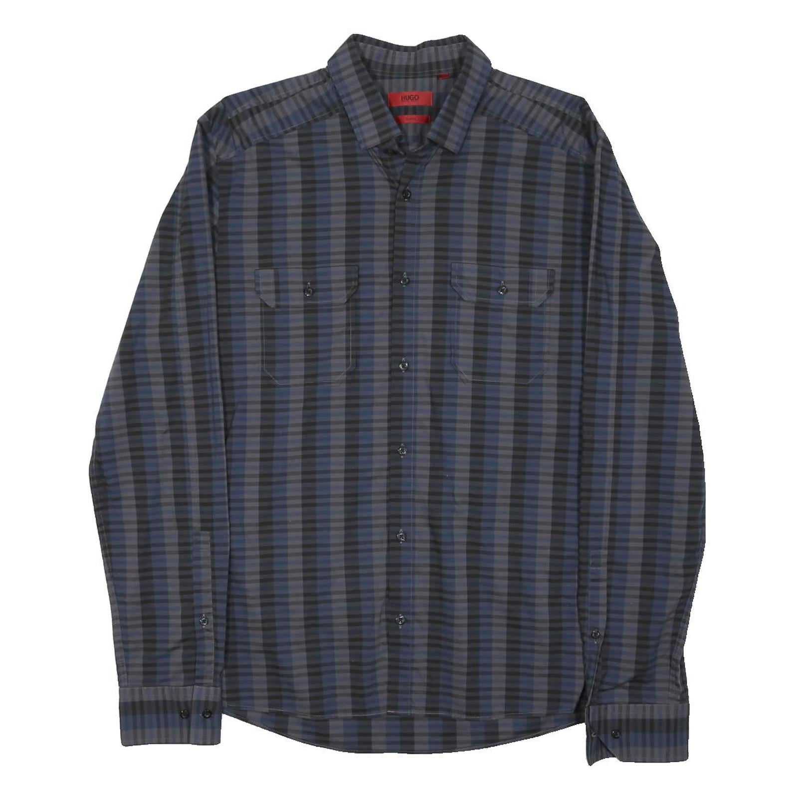 HUGO BOSS Mens Blue & Grey Check Shirt M Cotton Blend Long Sleeve Casual Smart