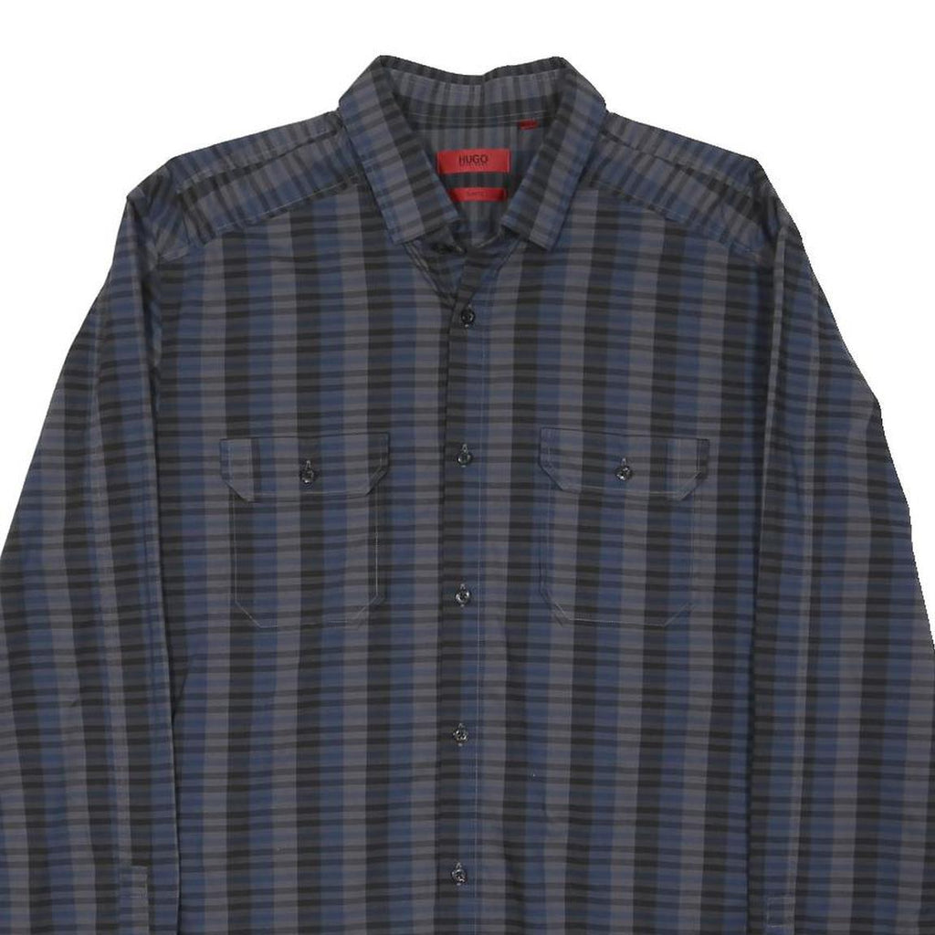 HUGO BOSS Mens Blue & Grey Check Shirt M Cotton Blend Long Sleeve Casual Smart