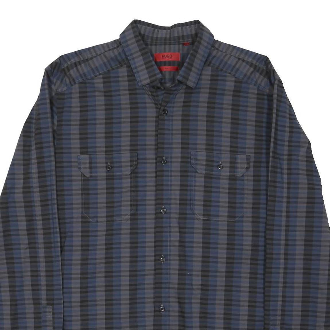 HUGO BOSS Mens Blue & Grey Check Shirt M Cotton Blend Long Sleeve Casual Smart
