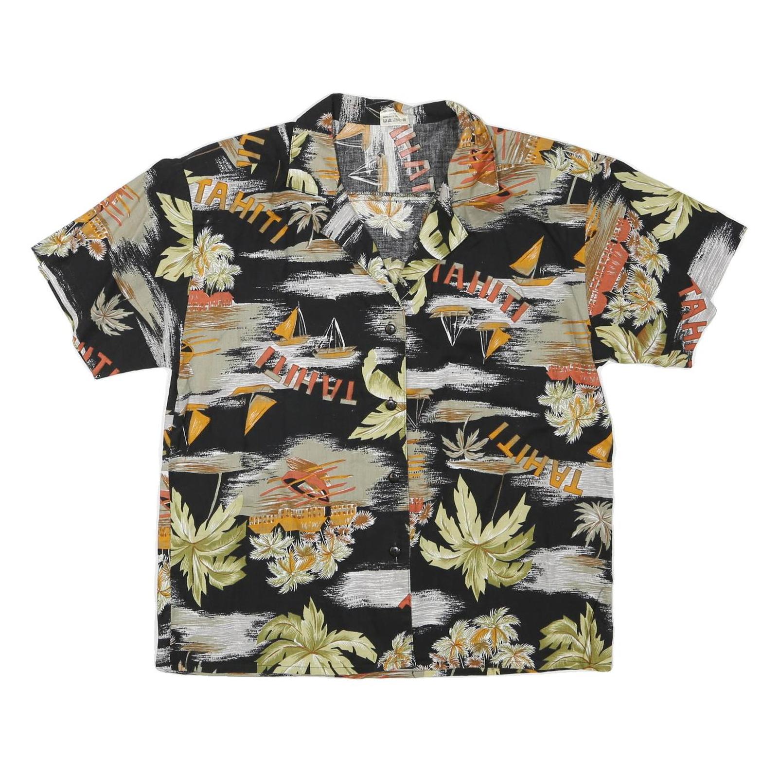 Womens Black Orange Tahiti Print Shirt Short Sleeve Collared L Cotton Blend