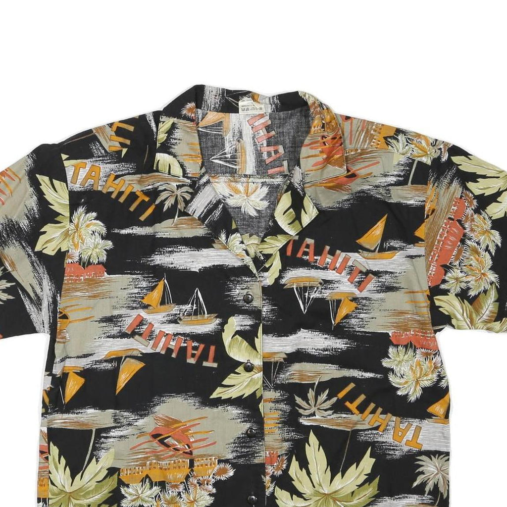 Womens Black Orange Tahiti Print Shirt Short Sleeve Collared L Cotton Blend