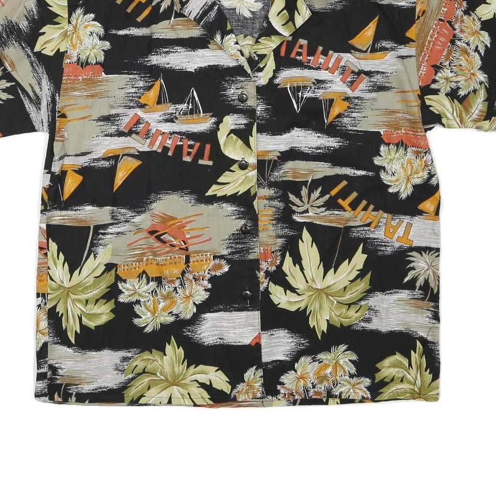 Womens Black Orange Tahiti Print Shirt Short Sleeve Collared L Cotton Blend