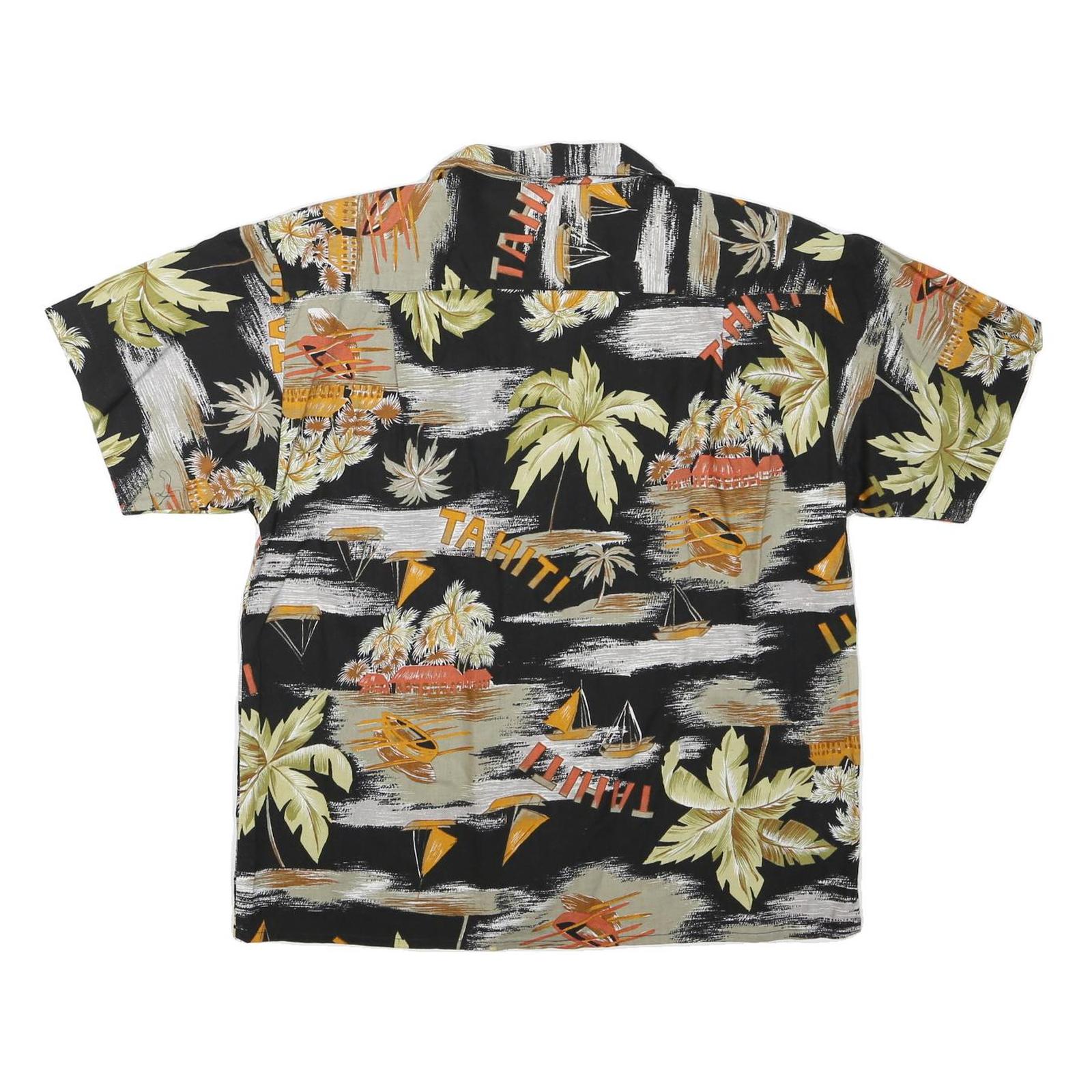 Womens Black Orange Tahiti Print Shirt Short Sleeve Collared L Cotton Blend